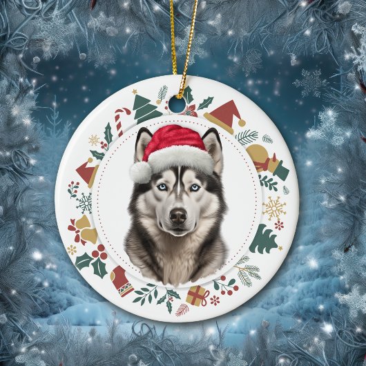 Santa Hat Husky Dog Christmas Afbeeldingen krans Keramisch Ornament