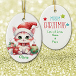Santa Hat Kitten Ornement céramique pour enfants<br><div class="desc">Sur le devant de cet ornement en céramique de conservation pour un enfant est un adorable chaton tabby portant un chapeau de Père Noël. Il est entouré d'un ensemble de décorations d'ampoules aux couleurs vives de Holiday tree. Le dos de l'ornement a un joyeux message de Noël, le nom de...</div>