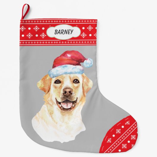 Santa Hat Labrador Retriever Snowflake Border Grote Kerstsok (Voorkant)