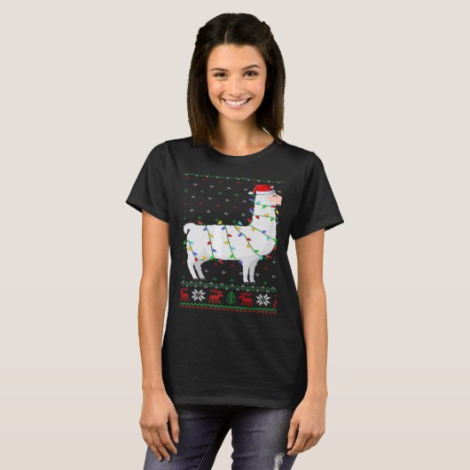 Santa Hat Llama Xmas Lights Ugly Llama Christmas T-shirt (Voorkant volledig)
