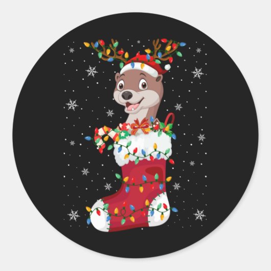 Santa Hat Otter Animal In Socks Xmas Tree Lights T Ronde Sticker (Voorkant)