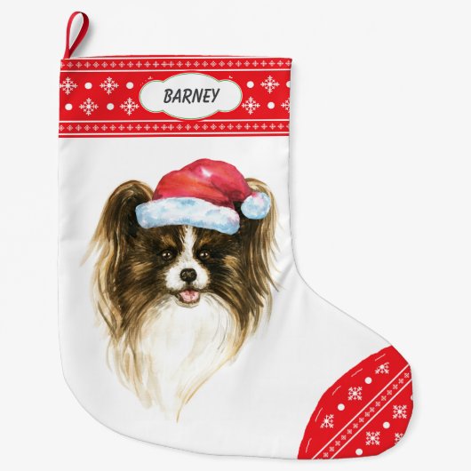 Santa Hat Papillon Dog Snowflake Border Grote Kerstsok (Voorkant)