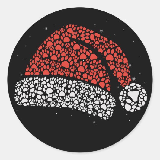 Santa Hat Paw Print Kerst Hondenliefhebber Honden Ronde Sticker (Voorkant)