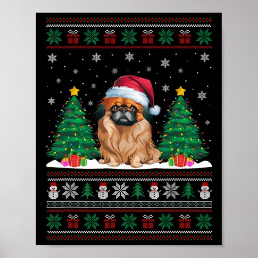 Santa Hat Pekingese Hond Kerstboom Lights Ugly Poster (Voorkant)
