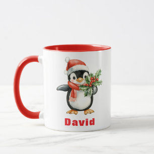 Santa Hat Penguin Holding Christmas Holly Mok