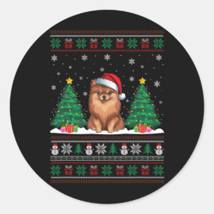 Santa Hat Pommeranian Dog Christmas Tree Lights Ug Ronde Sticker