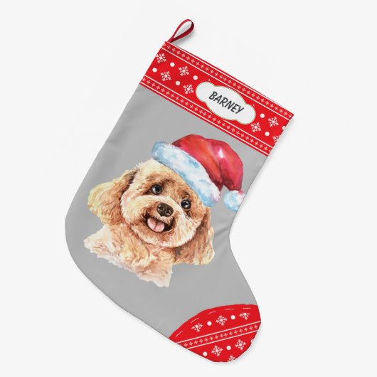 Santa Hat Poodle Dog Snowflake Border Grote Kerstsok (Voorkant (Hangend))