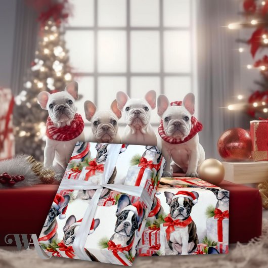 Santa Hat Pup Party Frenchie Gift Cadeaupapier