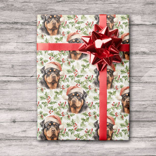 Santa Hat Rottweiler Dog Christmas Holly Cadeaupapier