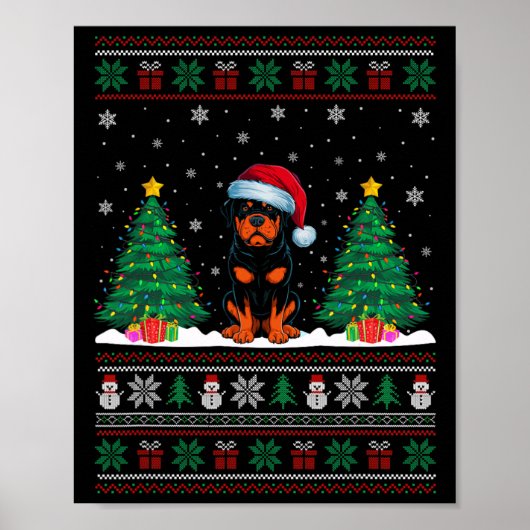 Santa Hat Rottweiler Hond Kerstboom Lights Ugl Poster (Voorkant)