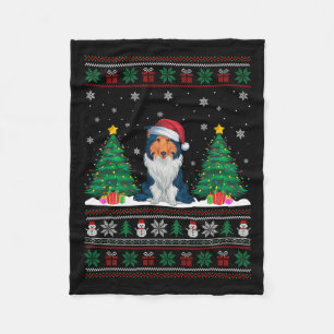 Santa Hat Rough Collie Dog Xmas Tree Lights Ugly S Fleece Deken