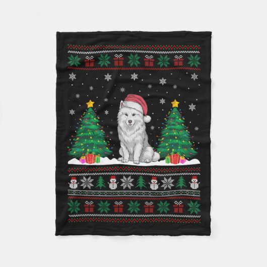 Santa Hat Samoyed Dog Kerstboom Lights Ugly S Fleece Deken (Voorkant)