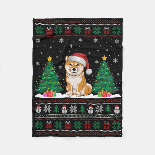 Santa Hat Shiba Inu Dog Kerstboom Lights Ugly Fleece Deken (Voorkant)