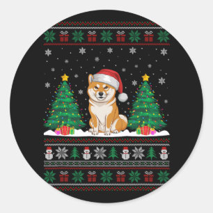 Santa Hat Shiba Inu Dog Kerstboom Lights Ugly Ronde Sticker