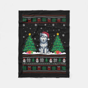 Santa Hat Siberische Husky Dog Xmas Tree Lights Ug Fleece Deken