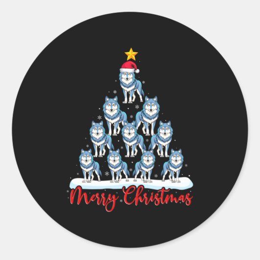 Santa Hat Ugly Xmas Funny Wolf Christmas Tree  Ronde Sticker (Voorkant)