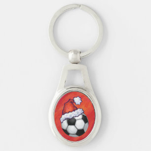 Santa Hat-Voetbal op rood Sleutelhanger