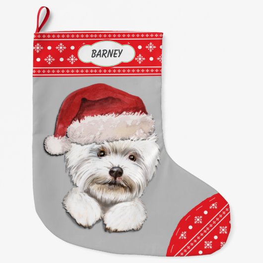 Santa Hat Westie Snowflake Border Grote Kerstsok (Voorkant)