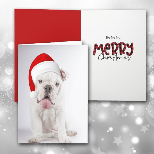 Santa Hat White Bulldog Puppy kerstkaart Feestdagen Kaart