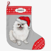 Santa Hat White Pommeren Snowflake Border Grote Kerstsok (Voorkant)