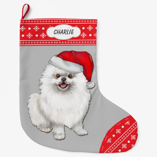 Santa Hat White Pommeren Snowflake Border Grote Kerstsok (Voorkant)