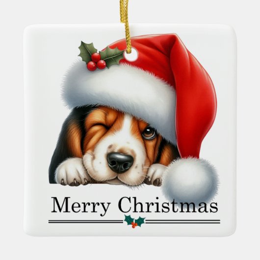 Santa Hat Winking Basset Hound Puppy Christmas Keramisch Ornament (Voorkant)