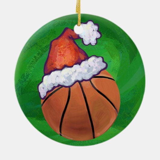 Santa Hoedje Basketbal op Groen Keramisch Ornament (Achterkant)