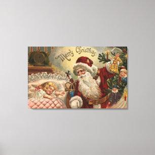 Santa Holding Doll, slaapmeisje Canvas Afdruk