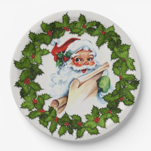 Santa Holly Wreath Kerstfeest 9 inch Papieren Bordje
