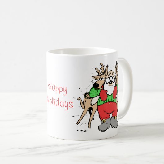 Santa Hugging Reindeer Funny Cartoon Kerstmis Koffiemok (Voorkant rechts)