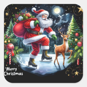 Santa Ice Schaatsen met rendieren bij nacht Vierkante Sticker