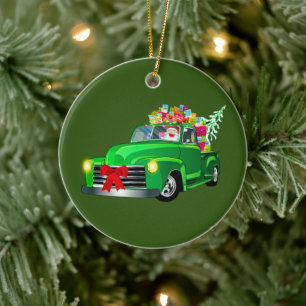 Santa in Green Pickup Truck Keramisch Ornament