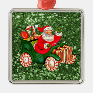 Santa in Peppermint Snoep Car Green Faux Glitter Metalen Ornament