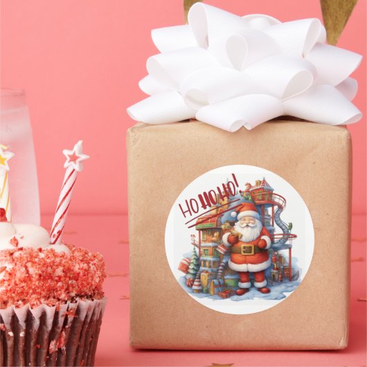 Santa in zijn Speelgoed Factory Ronde Sticker (Feest)