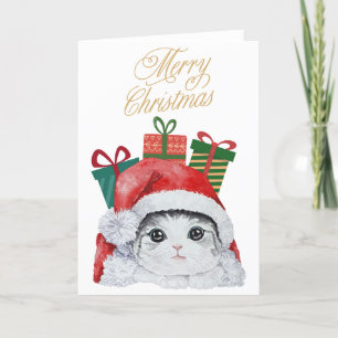 Santa Kat Cute Waterverf Holiday Card Feestdagen Kaart