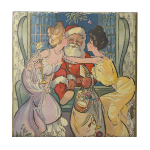 Santa Kissing Vintage Christmas Kaart Tegeltje