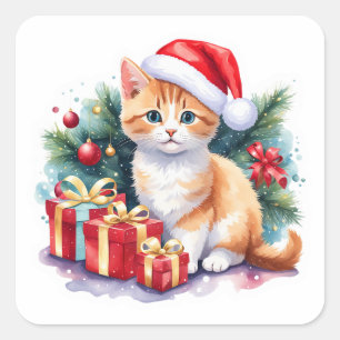 Santa Kitten (sinaasappel/wit) met Cadeaus Vierkante Sticker