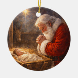 Santa Kneeling at the Manger Nativity Keramisch Ornament