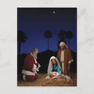 Santa Kneeling op Nativiteit Feestdagenkaart