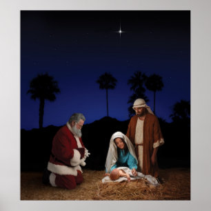 Santa Kneeling op Nativiteit Poster