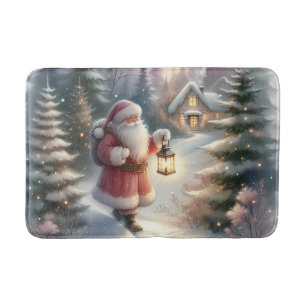 Santa Lantern Walk Winter Cottage Scene Badmat