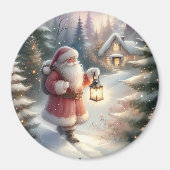 Santa Lantern Walk Winter Cottage Scene Magneet (Voorkant)