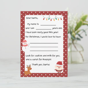 Santa Letter voor kinderen Fill-In-the-Blank Sjabl Feestdagenkaart