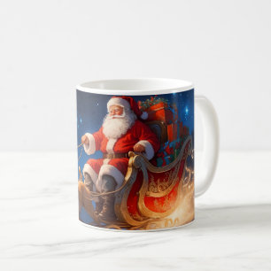 Santa levert speelgoed op een helling met rendiere koffiemok