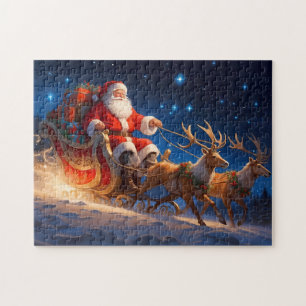 Santa levert speelgoed op een helling met rendiere legpuzzel
