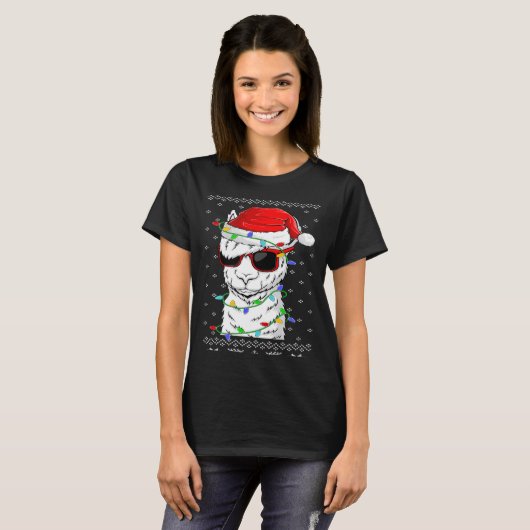 Santa Llama  Christmas Lights Ugly Llama Xmas T-shirt (Voorkant volledig)