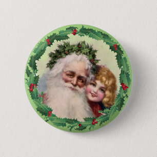 SANTA, MEISJE EN HOLLY, VAN SHARON SHARPE RONDE BUTTON 5,7 CM