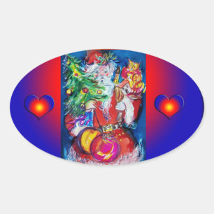 SANTA MET CHRISTMAS TREE EN GIFTS OVALE STICKER