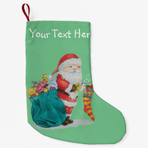 santa met groene zak vol kerstcadeaus kleine kerstsok