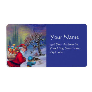 SANTA MET TOYS EN KIND IN DE WINTER SNEEUW ETIKET